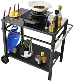 VEVOR Outdoor Grill Dining Cart with Double-Shelf, BBQ Movable Food Prep Table, Multifunctional Iron Table Top, Portable Modular Carts for Pizza Oven, Worktable with 2 Wheels, Carry Handle, Black
