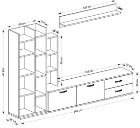 Σύνθεση σαλονιού Leman pakoworld σε λευκή-oak απόχρωση 240x35x154εκ - 120-000488