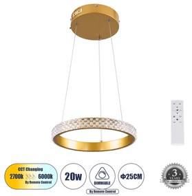 DIAMOND 61127 Κρεμαστό Φωτιστικό Δαχτυλίδι-Κύκλος LED CCT 20W 2356lm 360° AC 220-240V -