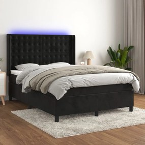 vidaXL Κρεβάτι Boxspring με Στρώμα &amp; LED Μαύρο 140x200 εκ. Βελούδινο