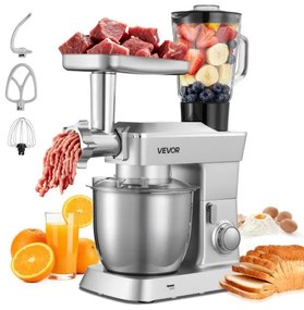 VEVOR Stand Mixer, 4.3 L Electric Kitchen Mixer, 1300W Dough-Mixer, 6+P Speeds Tilt-head Food-Mixer with 1.5 L Blender Cup, Stainless Steel Bowl, Dough Hook, Whisk, Beater, for Baking, Mixing, Silver