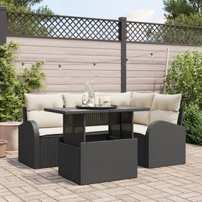 5 Piece Garden Sofa Set with Cushions Black Poly Rattan