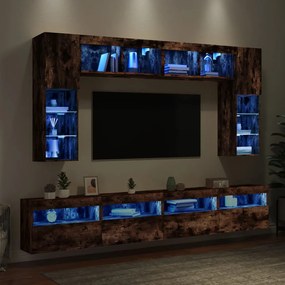 vidaXL Ντουλάπια Τηλεόρασης Τοίχου 8 τεμ. με Φώτα LED Καπνιστή Δρυς