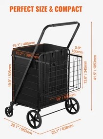 VEVOR Folding Shopping Cart with Removable Waterproof Liner, 330LBS Large Capacity Jumbo Grocery Cart with Dual Basket, 360° Swivel Wheels, Dense Metal Mesh Base, Heavy Duty Utility Cart for Shopping