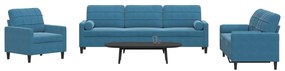 vidaXL Σετ Σαλονιού 3 Τεμ. Μπλε Βελούδινο με Μαξιλάρια/Στηρίγματα
