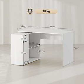 HOMCOM Ευέλικτο γραφείο, 2-βάθμιο ντουλάπι, συρτάρι, ανοιχτά ράφια, ξύλο, λευκό