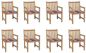 Καρέκλες Κήπου 8 τεμ. Μασίφ Ξύλο Teak με Κόκκινα Καρό Μαξιλάρια - Καφέ