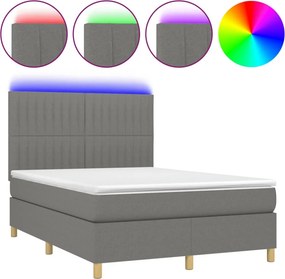vidaXL Κρεβάτι Boxspring με Στρώμα &amp; LED Σκ.Γκρι 140x190εκ. Υφασμάτινο