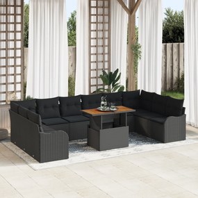 vidaXL Σετ Καναπέ Κήπου 11 τεμαχίων με Μαξιλάρια Μαύρο Πολυ Ρατάν