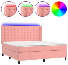 vidaXL Κρεβάτι Boxspring με Στρώμα & LED Ροζ 180x200 εκ. Βελούδινο