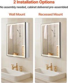 VEVOR Lighted Mirror Medicine Cabinet 50 x 70 cm Bottom Lighting Recessed Wall