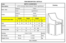 Πολυθρόνα Μεταλλική LETO Βαφή Φυσικό/Ύφασμα Αν.Καφέ 60x62x84cm (Σετ 4 ΤΕΜ)