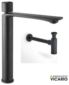 Armando Vicario Halo Black Matt Μπαταρία υψηλή Νιπτήρος με βαλβίδα clic-clac+Σιφών