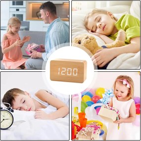 Επιτραπέζιο Ψηφιακό Ξύλινο Ρολόι με οθόνη LED, Ξυπνητήρι, Θερμόμετρο - Μπεζ