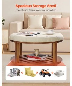 VEVOE Large Round Ottoman Coffee Table, 81 cm Tufted Coffee Table with Solid Wood Shelf Storage, Linen Solid Upholstered Footrest Ottoman for Bedroom Living Room, 350 LBS, Linen Color