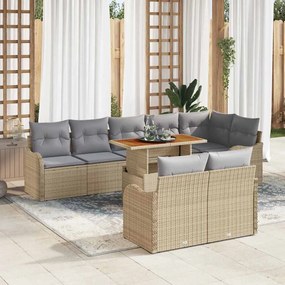 vidaXL σετ καναπέ κήπου 9 τεμαχίων με μαξιλάρια μπεζ από πολυ-ρατάν και ξύλο ακακίας