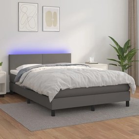 vidaXL Κρεβάτι Boxspring με Στρώμα &amp; LED Γκρι 140x190 εκ. Συνθ. Δέρμα