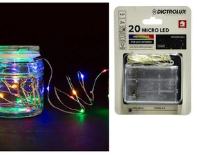 20 MicroLED Εσωτ. Χώρου Πολύχρωμο Φως Διάφανο Καλώδιο Μη Επεκτεινόμενο Μπαταρίας 4.5V 2.5m