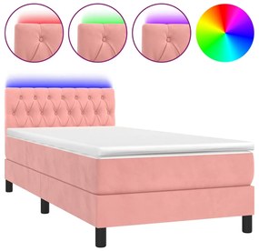 vidaXL Κρεβάτι Boxspring με Στρώμα &amp; LED Ροζ 90x190 εκ. Βελούδινο