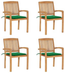 Καρέκλες Κήπου Στοιβαζόμενες 4 τεμ. Μασίφ Ξύλο Teak &amp; Μαξιλάρια - Πράσινο