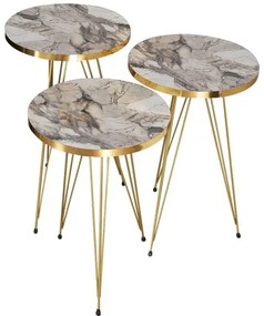 Τραπεζάκια σαλονιού Βοηθητικά Wakmi σετ 3 τεμ γκρι μπεζ μελαμίνη - χρυσό μέταλλο 33x33x55 εκ.
