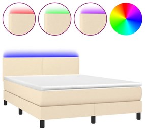 Κρεβάτι Boxspring με Στρώμα &amp; LED Κρεμ 140x190 εκ. Υφασμάτινο - Κρεμ