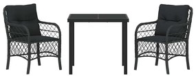 vidaXL Σέτ φαγητού για κήπο με μαξιλάρι 3 pcs Μαύρο συνθετικό ρατάν