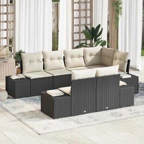 vidaXL Σετ Καναπέ Κήπου με μαξιλάρι 7 pcs Μαύρο και Κρεμ Πολυ ράταν