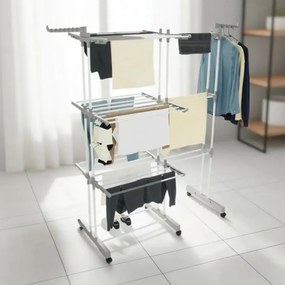 Στεγνωτήριο ρούχων Kinghoff KH 2044, 30 μ., έως 30 κιλά, 3 επίπεδα, ροδάκια, χάλυβας, λευκό/γκρι