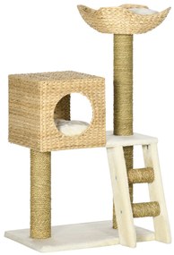 PawHut Δέντρο για γάτες με σπίτι, στύλοι ξυσίματος από σιζάλ, πλενόμενα μαξιλάρια, 100,5H x 57L x 37B cm, Λευκό/Φυσικό