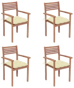 Καρέκλες Κήπου 4 τεμ. Μασίφ Ξύλο Teak με Λευκά Κρεμ Μαξιλάρια - Κρεμ