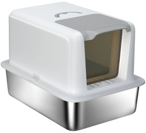 PawHut Γάτα τουαλέτα, λεκάνη από ανοξείδωτο ατσάλι, φίλτρο, φτυάρι, για γάτες έως 6 kg, 40,5 x 60,5 x 41,5 cm, λευκό/ασήμι