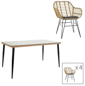 Τραπεζαρία Naoki Χ σετ 5τεμ pakoworld rattan pe σε φυσική απόχρωση και μαύρο μέταλλο 160x90x78εκ