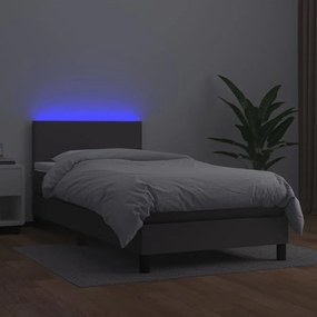 vidaXL Κρεβάτι Boxspring με Στρώμα & LED Γκρι 90x200 εκ. Συνθ. Δέρμα