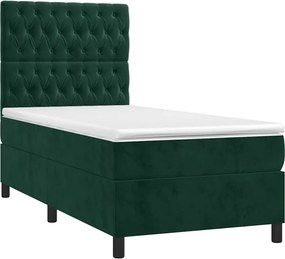 vidaXL Κρεβάτι Boxspring με Στρώμα &amp; LED Σκ. Πράσινο 100x200εκ Βελούδο