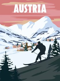 Εικονογράφηση Austria Ski resort poster, retro. Alpes, VectorUp