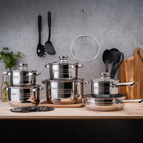 Oliver Voltz OV51210R20B Σετ κατσαρόλας και τηγανιών, 20 τεμαχίων, πολυστρωματικός πυθμένας, επαγωγή, ανοξείδωτο ατσάλι, αξεσουάρ, ασημί