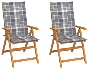 Καρέκλες Κήπου 2 τεμ. Μασίφ Ξύλο Teak με Γκρι Καρό Μαξιλάρια - Πολύχρωμο