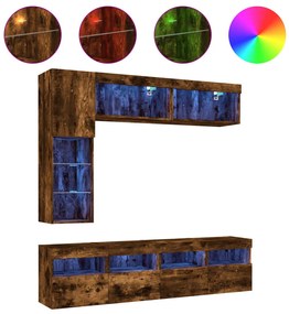 vidaXL Ντουλάπια Τηλεόρασης Τοίχου 7 τεμ. με Φώτα LED Καπνιστή Δρυς