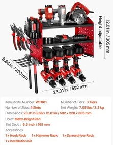 VEVOR Power Tool Organizer Wall Mount, 3-Layer Storage Rack with 4 Drill Holders, Tools Holder and Storage Rack with Side Pegboards, Garage Tool Organizer for Garage, Workbench, and Workshop