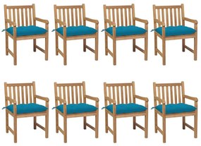 Καρέκλες Κήπου 8 τεμ. από Μασίφ Ξύλο Teak με Γαλάζια Μαξιλάρια - Μπλε
