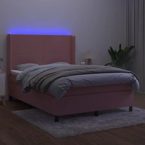 vidaXL Κρεβάτι Boxspring με Στρώμα &amp; LED Ροζ 140x200 εκ. Βελούδινο