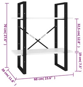 vidaXL Βιβλιοθήκη με 2 Ράφια Λευκή 60 x 30 x 70 εκ. από Επεξ. Ξύλο