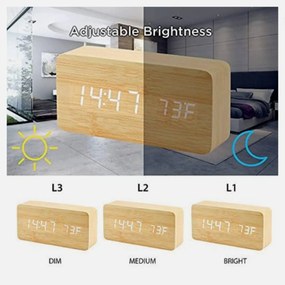 Επιτραπέζιο Ξύλινο Ψηφιακό Ρολόι με οθόνη LED, Ξυπνητήρι, Θερμόμετρο - Μπεζ