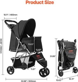 VEVOR Pet Stroller Foldable 3 Wheels Travel Dog Stroller with Brake up to 35lbs