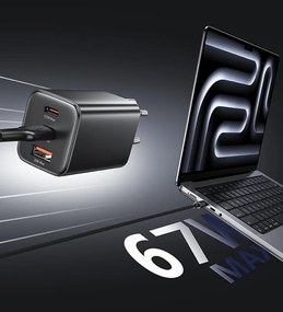 USAMS φορτιστής τοίχου CC265, USB &amp; 2x USB-C, 67W, GaN, λευκός