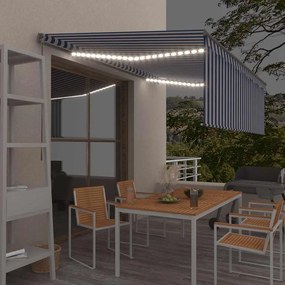 vidaXL Χειροκίνητη τέντα με ηλιακό LED 4,5 x 3 m Μπλε και Λευκή Ράβδος