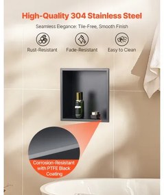 VEVOR Shower Niche 33.0 x 33.0 x 10.2 cm Recessed Wall Shelf Stainless Steel Black