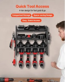 VEVOR Power Tool Organizer Wall Mount, 4-Layer Storage Rack with 4 Drill Holders, Tools Holder and Storage Rack with Screwdriver Holder, Garage Tool Organizer for Garage, Workbench, and Workshop