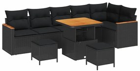 vidaXL Σετ Καναπέ Κήπου 9 Τεμαχίων Με Μαξιλάρια Μαύρο Πολυ Ράτταν Ακακία